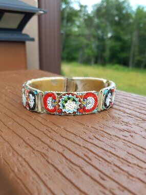 Vintage Micro Mosaic Floral Pattern Panel Bracelet Made in Italy